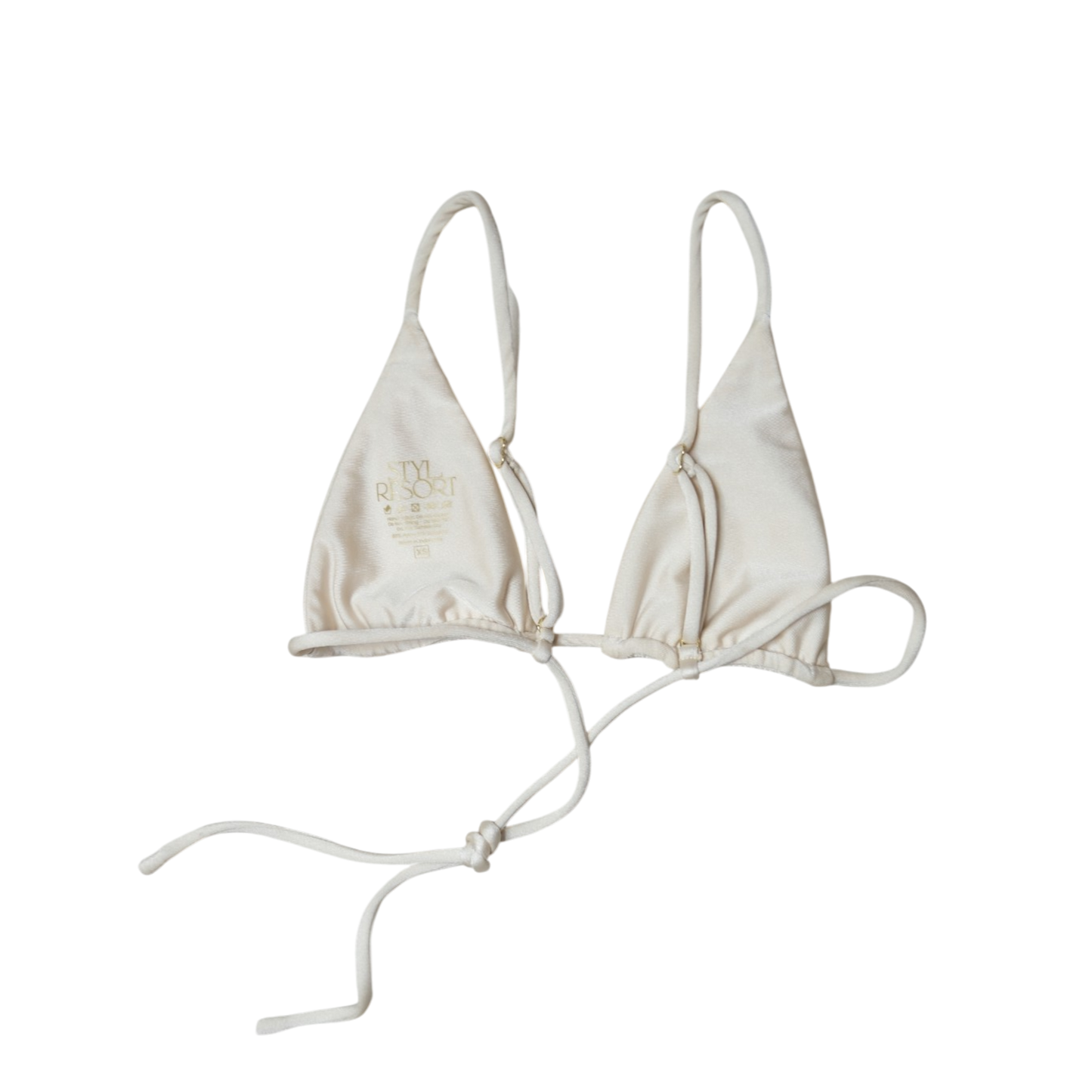 Cream Aláti Paraiso triangle bikini top, back flat-lay, with sliding triangles and long tie ends