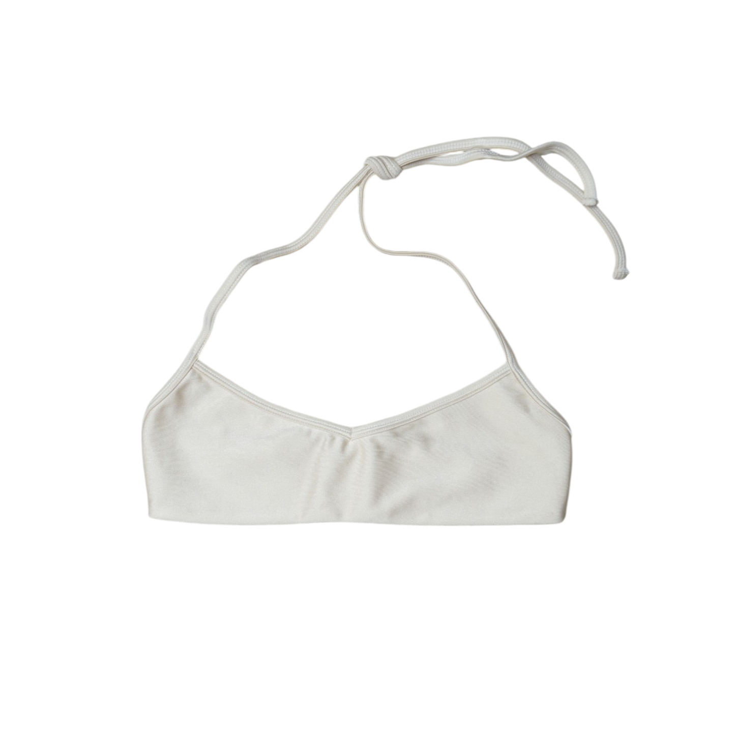 Cream Aláti Ola bralette bikini top, front flat-lay, with V-notch neckline and halter tie