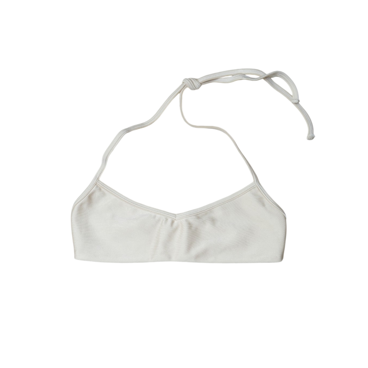 Cream Aláti Ola bralette bikini top, front flat-lay, with V-notch neckline and halter tie