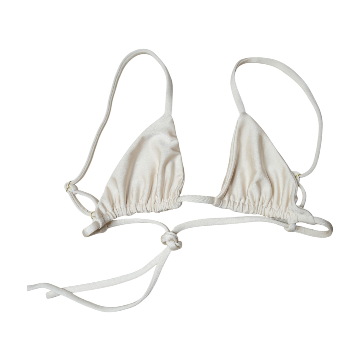 Cream Aláti Delfini triangle bikini top, front flat-lay, with slim adjustable straps