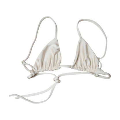 Cream Aláti Delfini triangle bikini top, front flat-lay, with slim adjustable straps