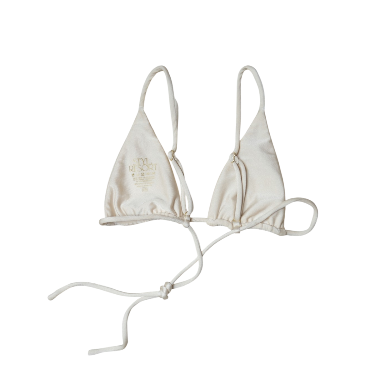Cream Aláti Paraiso triangle bikini top, back flat-lay, with sliding triangles and long tie ends