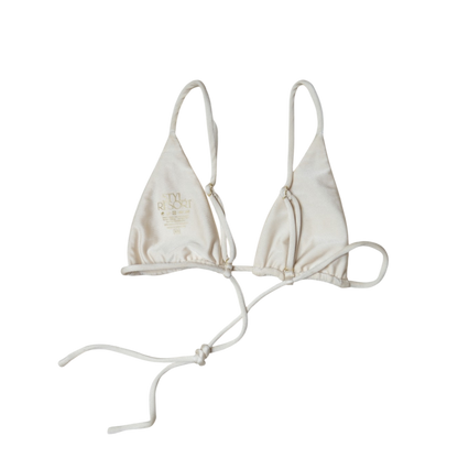 Cream Aláti Paraiso triangle bikini top, back flat-lay, with sliding triangles and long tie ends