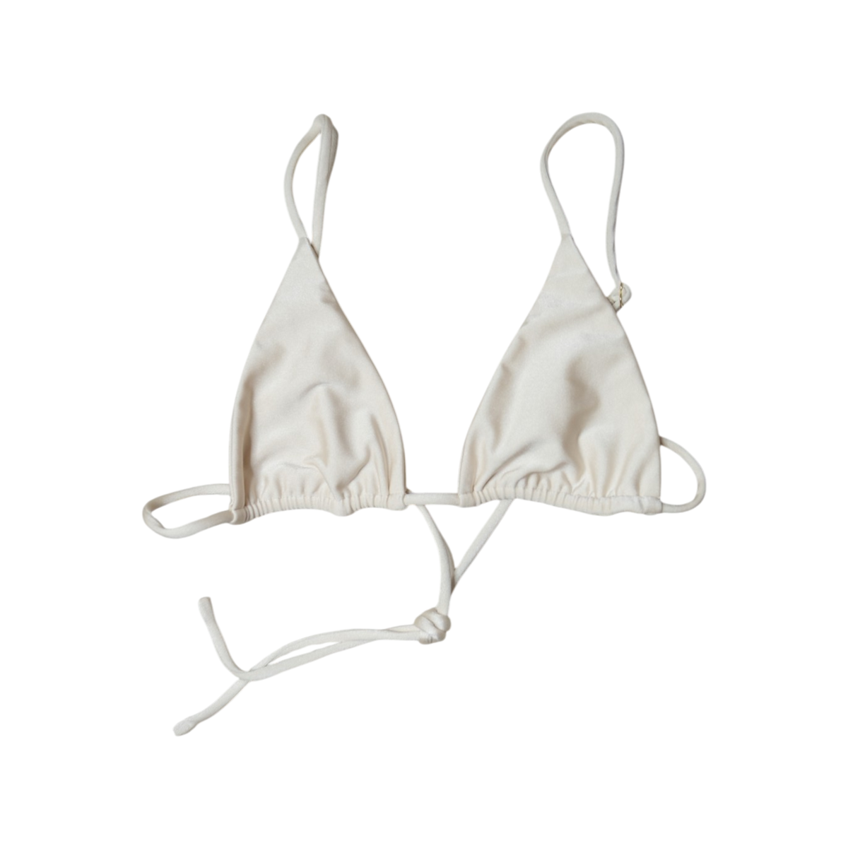 Cream Aláti Paraiso triangle bikini top, front flat-lay, with adjustable halter and back ties