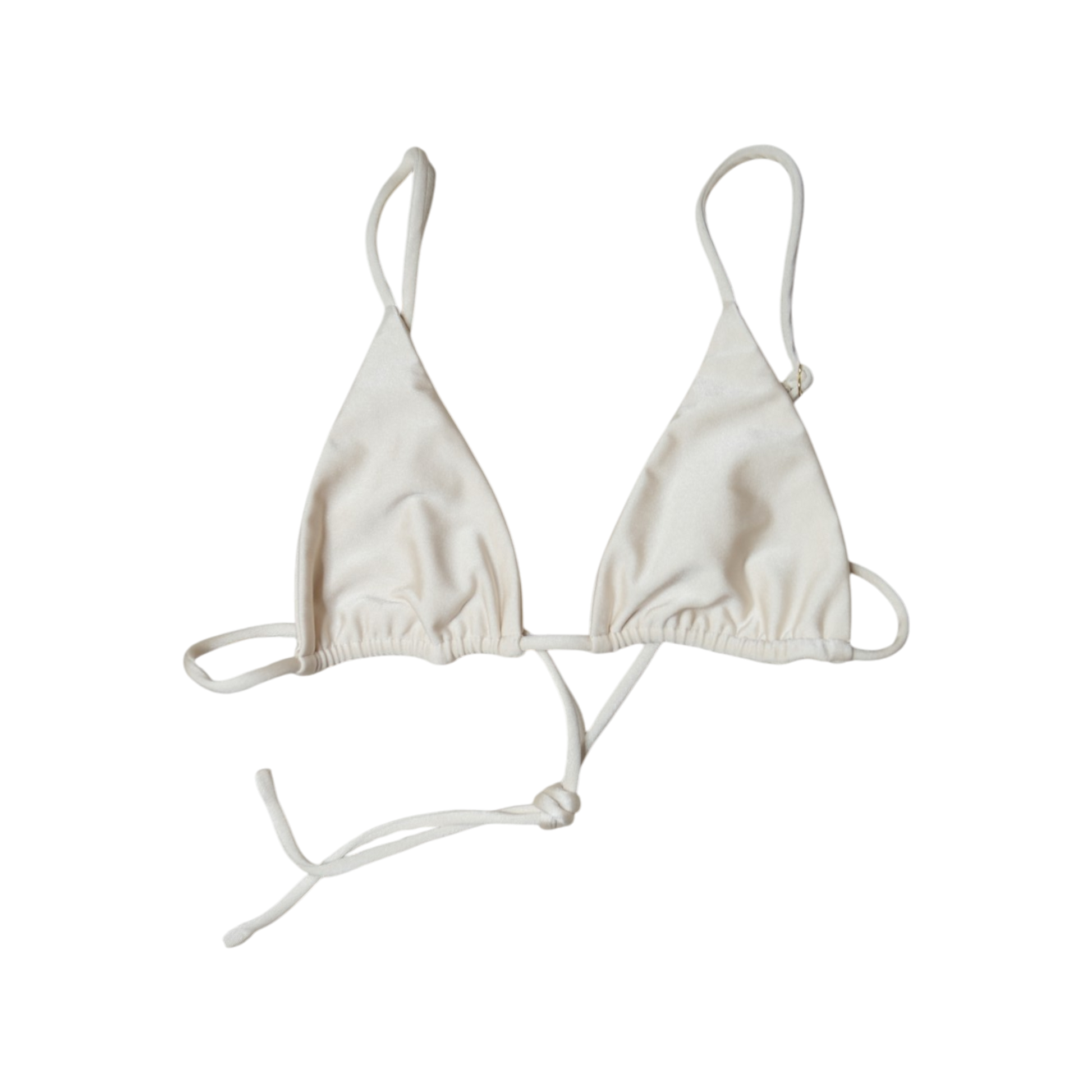 Cream Aláti Paraiso triangle bikini top, front flat-lay, with adjustable halter and back ties