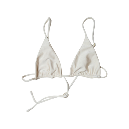 Cream Aláti Paraiso triangle bikini top, front flat-lay, with adjustable halter and back ties