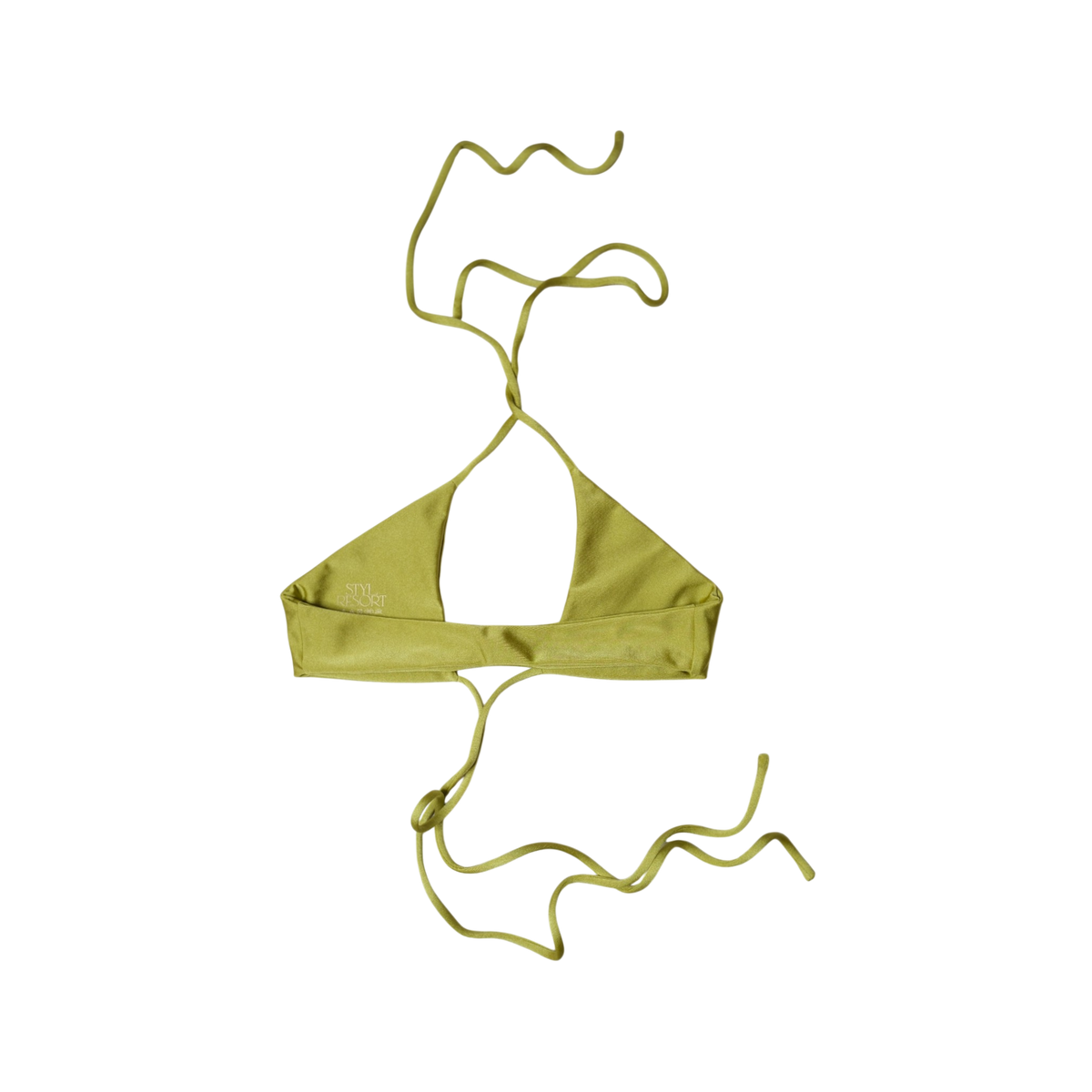 Olive Palma Palmera halter wrap bikini top, back flat-lay, with wide back band and long wrap ties