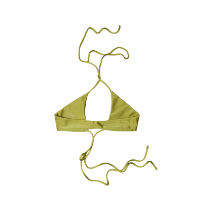 Olive Palma Palmera halter wrap bikini top, back flat-lay, with wide back band and long wrap ties