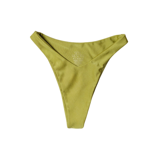 Olive Palma Brisa high-cut bikini bottom, front flat-lay, with V-shaped waist and gold logo