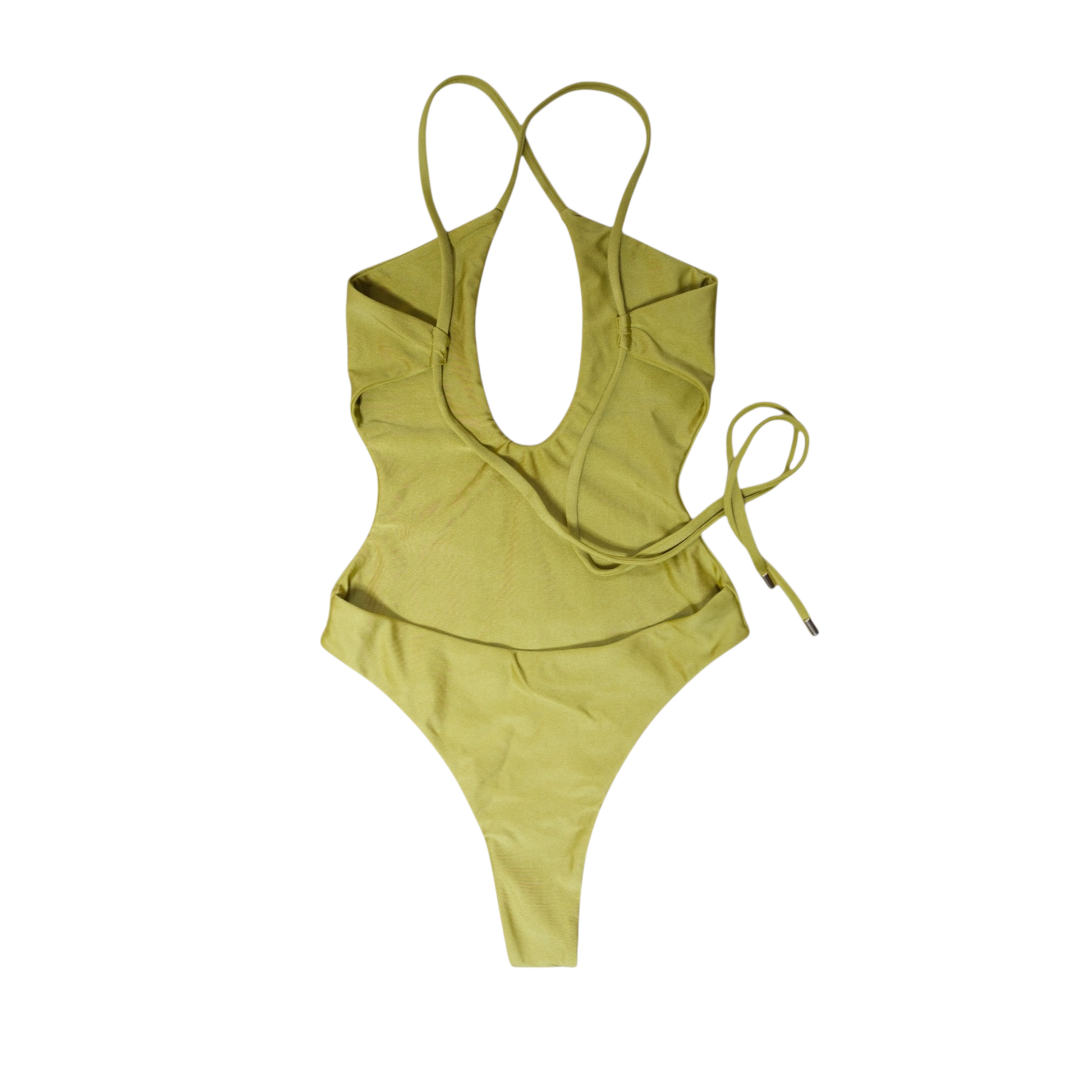Olive Palma Koralli plunge one-piece swimsuit, back flat-lay, with crisscross straps