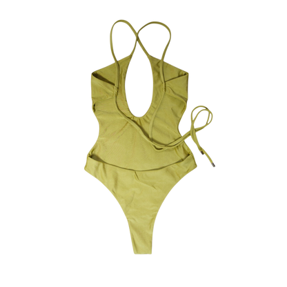 Olive Palma Koralli plunge one-piece swimsuit, back flat-lay, with crisscross straps