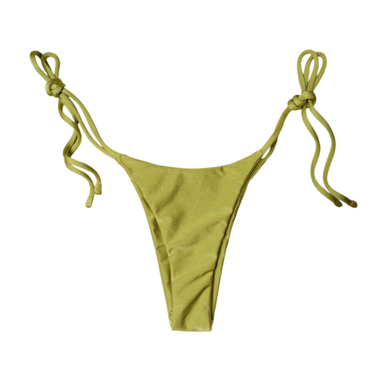 Olive Palma Palmera tie-side bikini bottom, back flat-lay, with adjustable side ties and narrow rear panel
