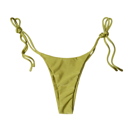 Olive Palma Palmera tie-side bikini bottom, back flat-lay, with adjustable side ties and narrow rear panel