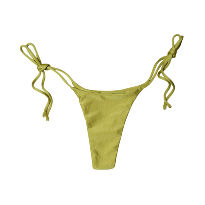 Olive Palma Palmera tie-side bikini bottom, front flat-lay, with adjustable side ties