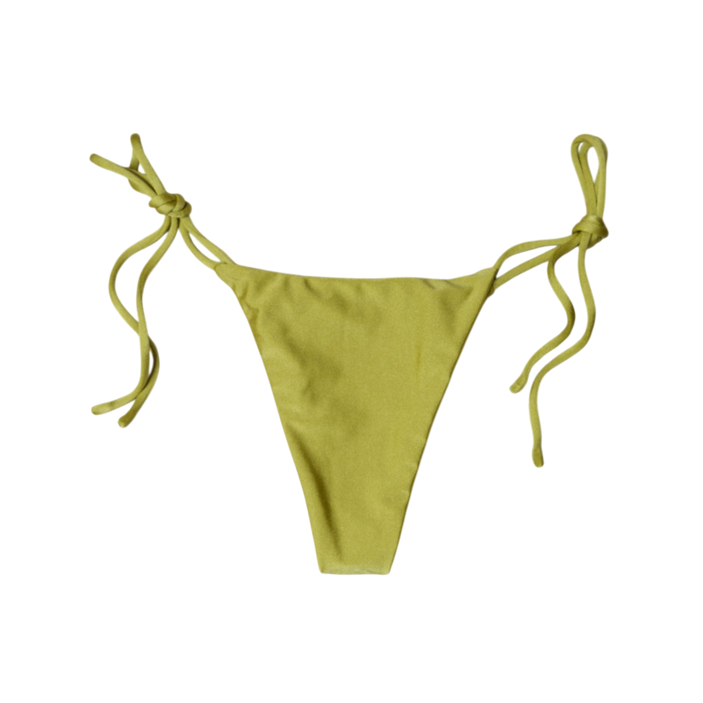 Olive Palma Paraiso tie-side bikini bottom, back flat-lay, with knotted side ties and narrow rear panel