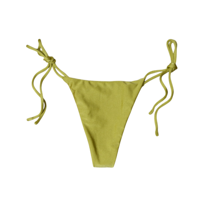 Olive Palma Paraiso tie-side bikini bottom, back flat-lay, with knotted side ties and narrow rear panel