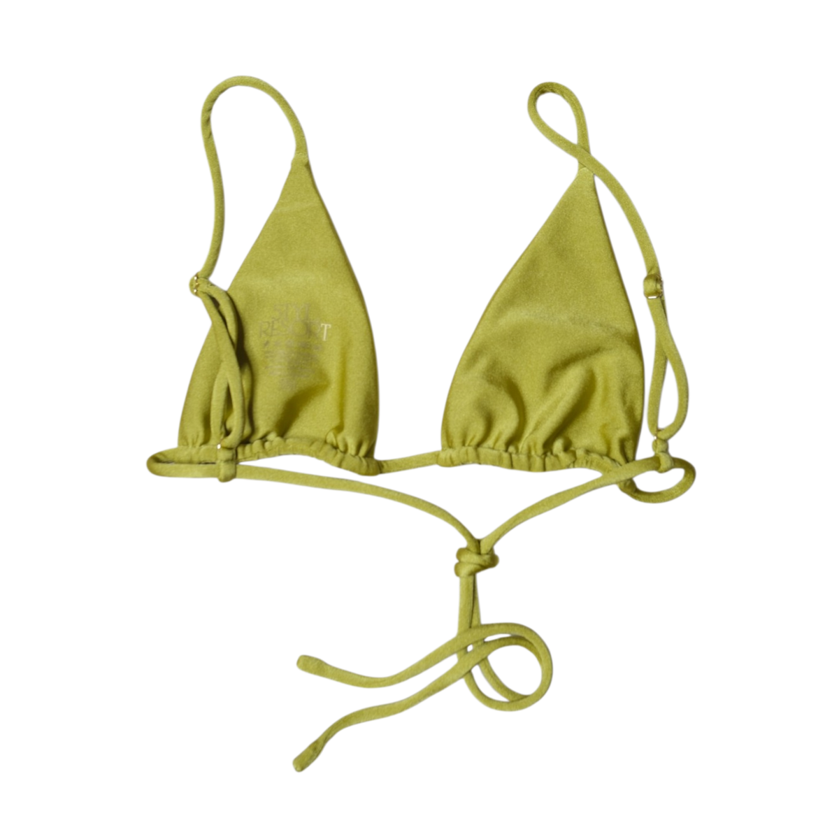 Olive Palma Paraiso triangle bikini top, back flat-lay, with sliding triangles and long tie ends