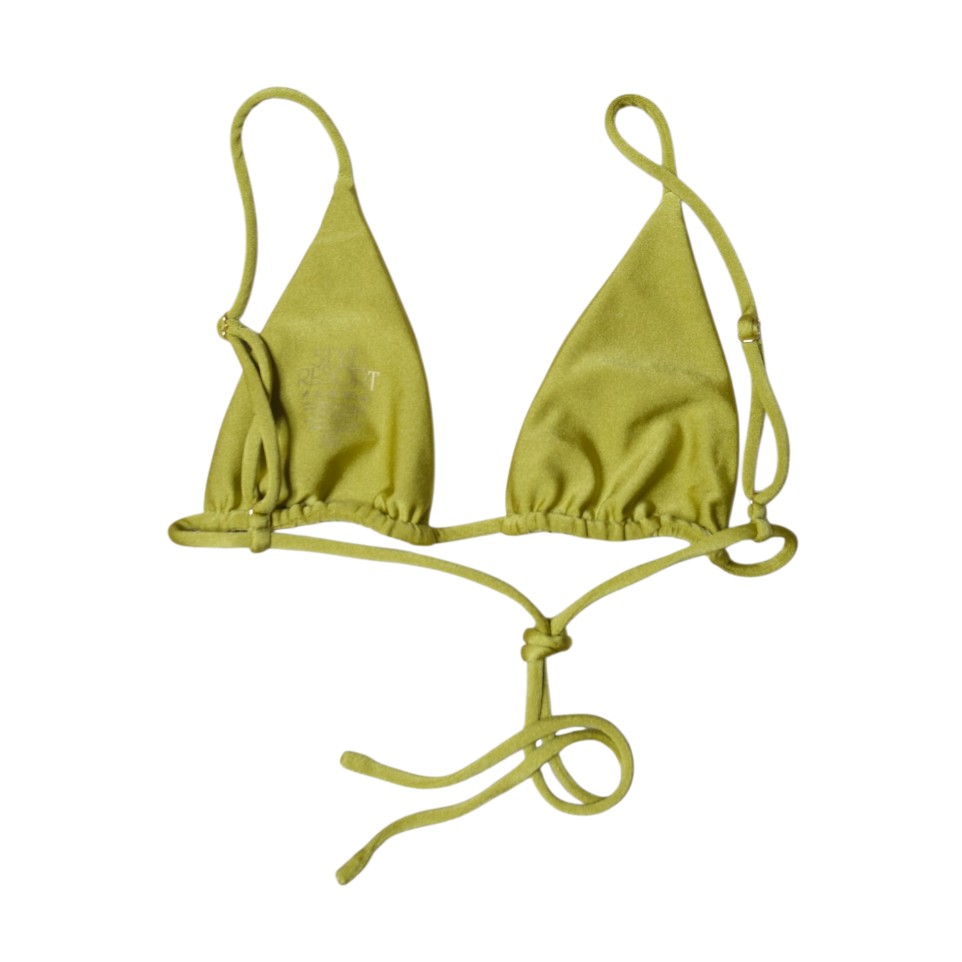 Olive Palma Paraiso triangle bikini top, back flat-lay, with sliding triangles and long tie ends