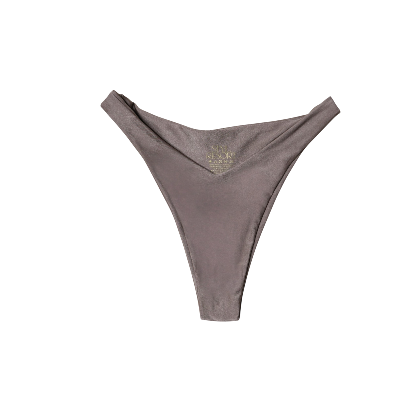 Taupe Tierra Brisa high-cut bikini bottom, front flat-lay, with V-shaped waist and gold logo