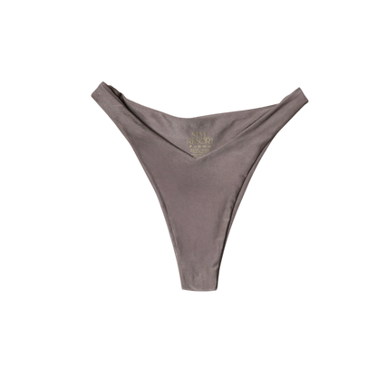 Taupe Tierra Brisa high-cut bikini bottom, front flat-lay, with V-shaped waist and gold logo