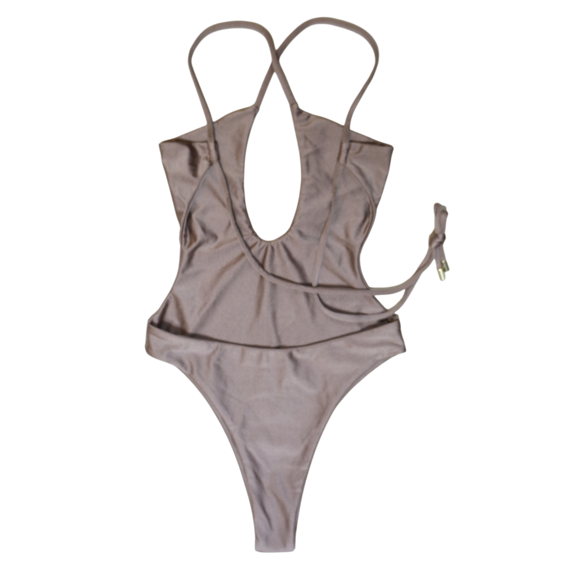 Taupe Tierra Koralli plunge one-piece swimsuit, back flat-lay, with crisscross straps