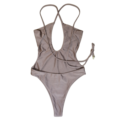 Taupe Tierra Koralli plunge one-piece swimsuit, back flat-lay, with crisscross straps