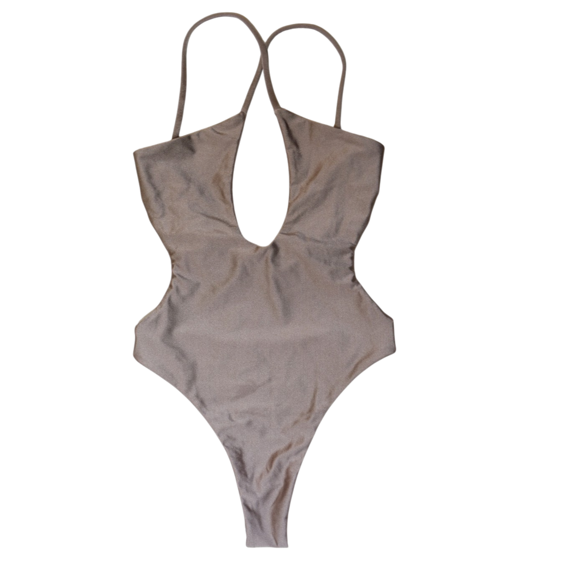 Taupe Tierra Koralli plunge one-piece swimsuit, front flat-lay, with keyhole cutout and plunge neckline