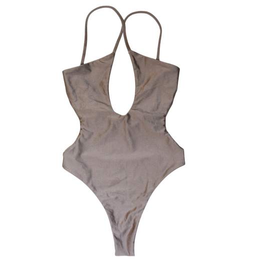 Taupe Tierra Koralli plunge one-piece swimsuit, front flat-lay, with keyhole cutout and plunge neckline