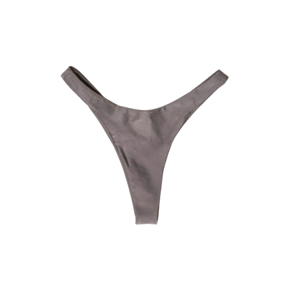 Taupe Tierra Delfini high-cut thong bikini bottom, back flat-lay, with thong rear