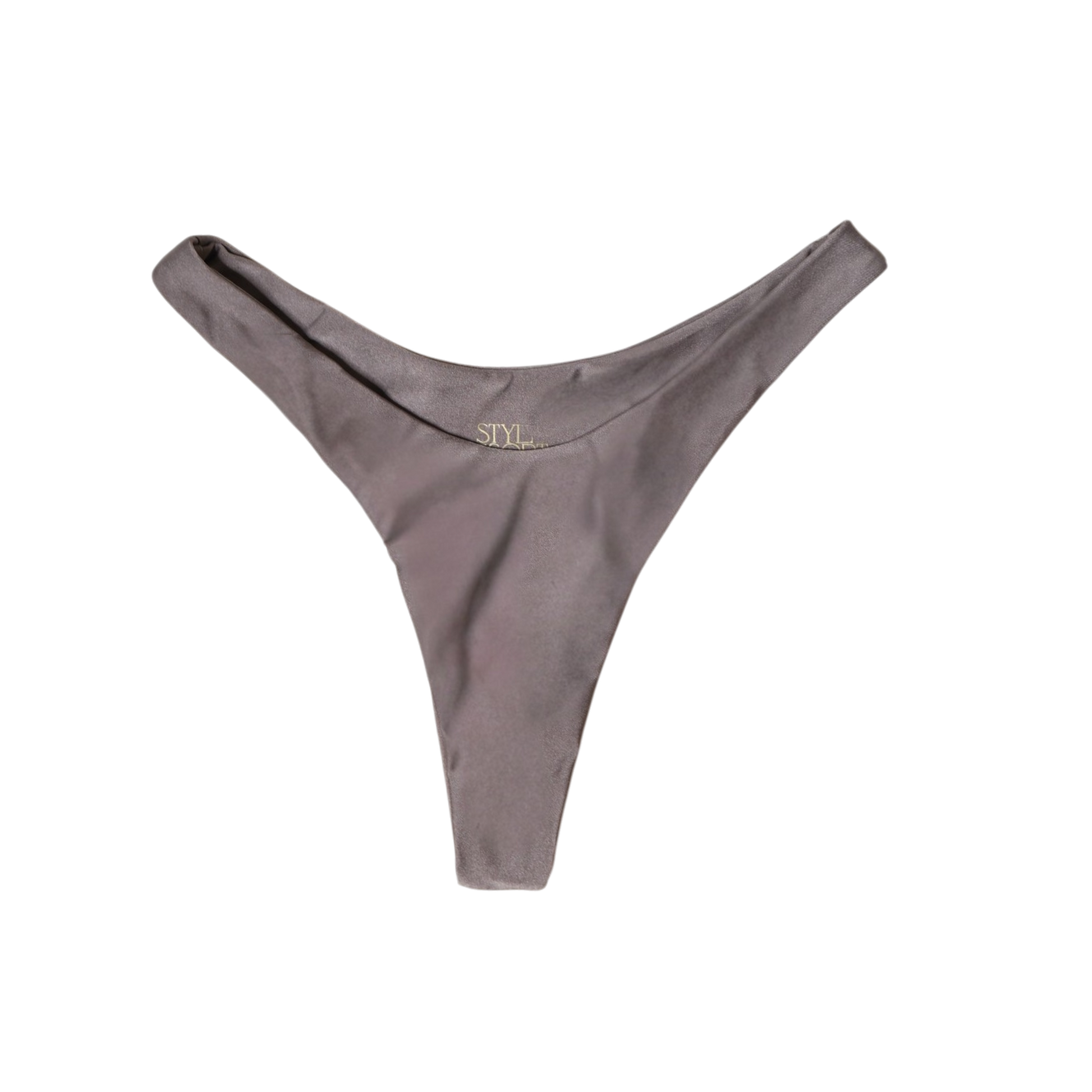 Taupe Tierra Delfini high-cut thong bikini bottom, front flat-lay, with V-shaped waist and gold logo