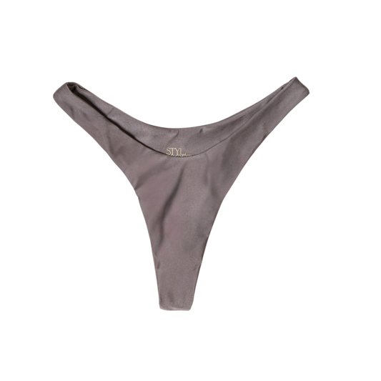 Taupe Tierra Delfini high-cut thong bikini bottom, front flat-lay, with V-shaped waist and gold logo