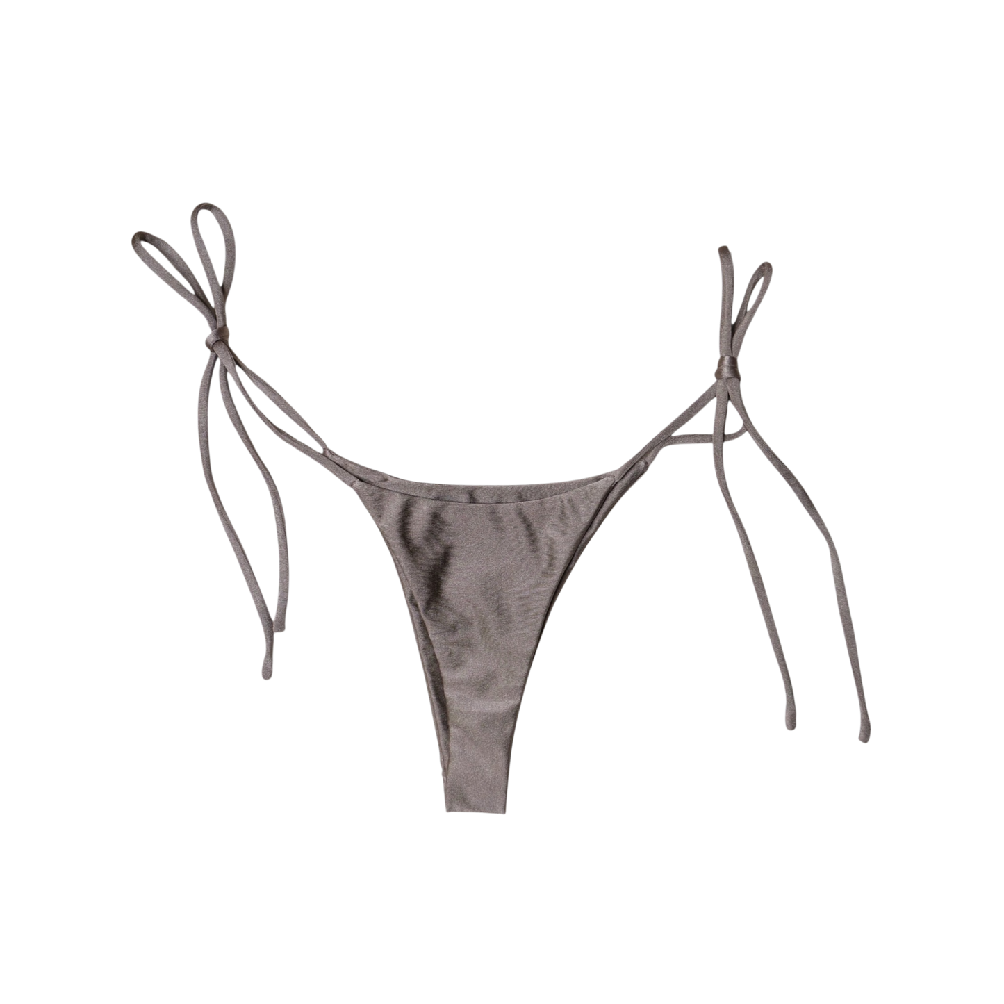 Taupe Tierra Sirena tie-side thong bikini bottom, back flat-lay, with thong rear