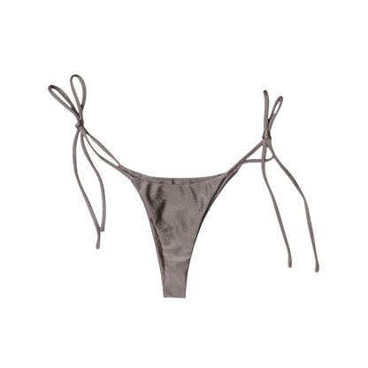 Taupe Tierra Sirena tie-side thong bikini bottom, back flat-lay, with thong rear