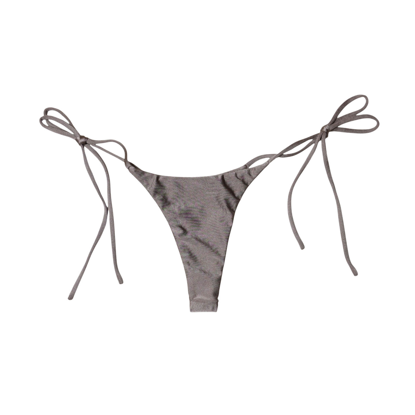 Taupe Tierra Sirena tie-side thong bikini bottom, front flat-lay, with knotted side ties