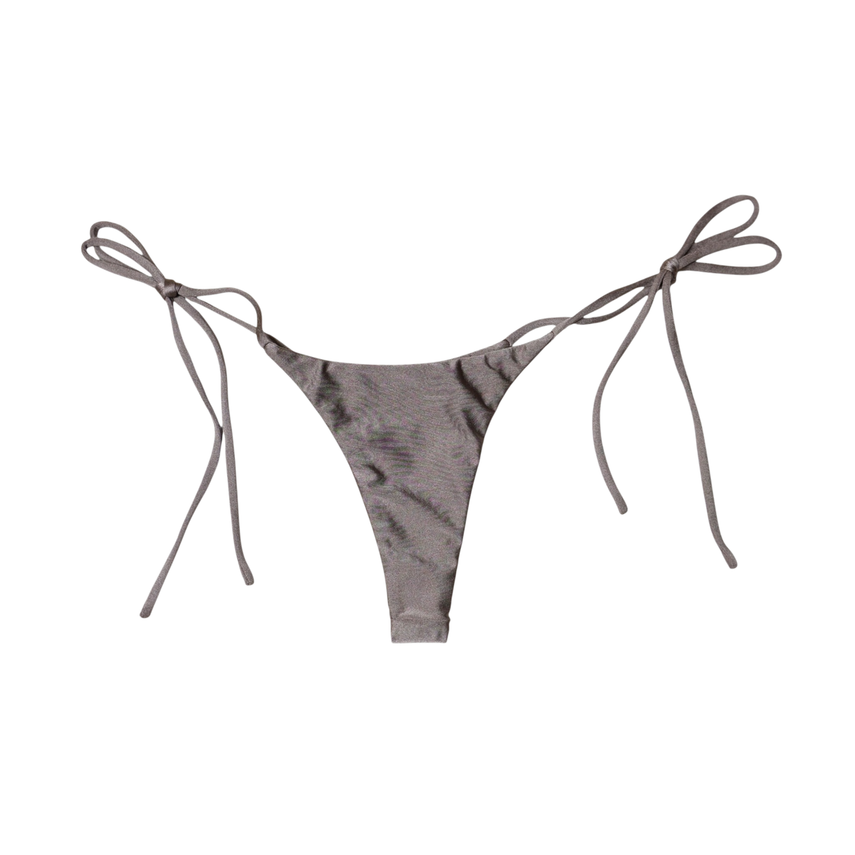 Taupe Tierra Sirena tie-side thong bikini bottom, front flat-lay, with knotted side ties