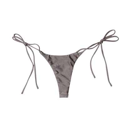 Taupe Tierra Sirena tie-side thong bikini bottom, front flat-lay, with knotted side ties