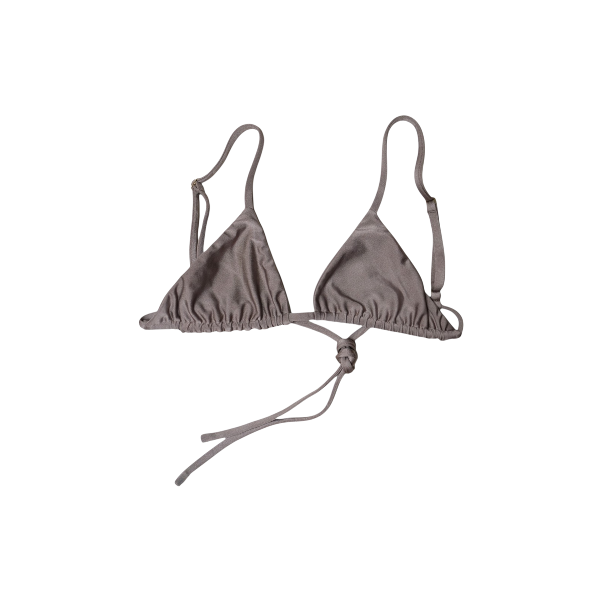 Taupe Tierra Delfini triangle bikini top, front flat-lay, with slim adjustable straps