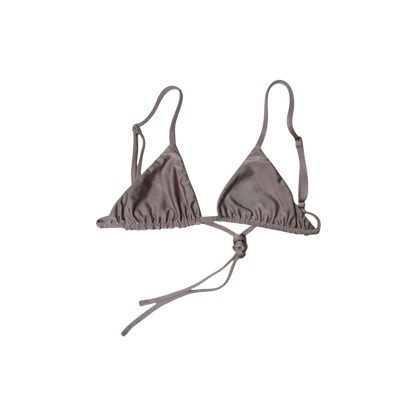 Taupe Tierra Delfini triangle bikini top, front flat-lay, with slim adjustable straps
