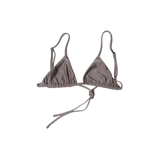 Taupe Tierra Delfini triangle bikini top, front flat-lay, with slim adjustable straps