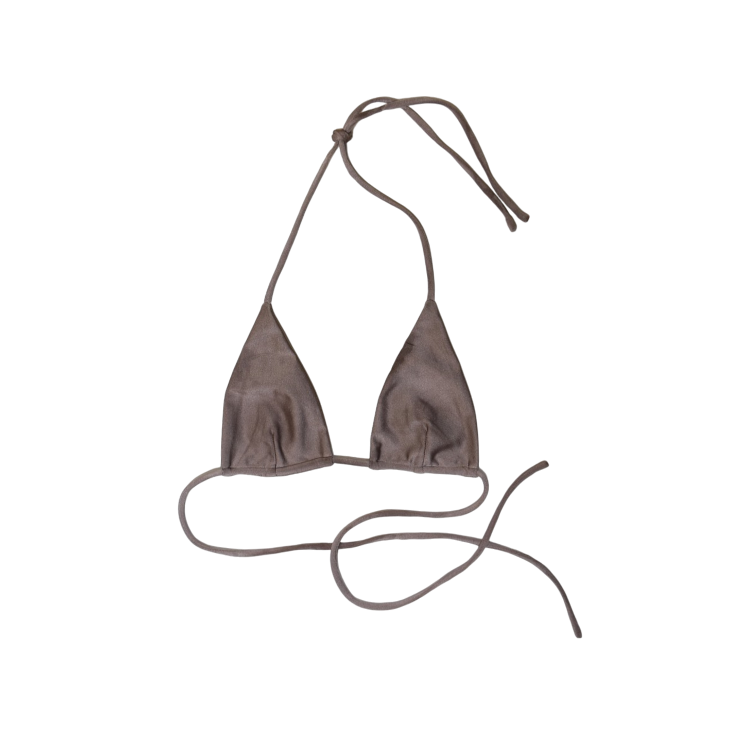 Taupe Tierra Sirena triangle bikini top, front flat-lay, with long halter ties