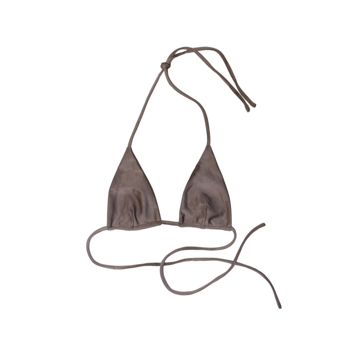 Taupe Tierra Sirena triangle bikini top, front flat-lay, with long halter ties