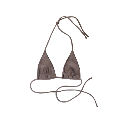 Taupe Tierra Sirena triangle bikini top, front flat-lay, with long halter ties