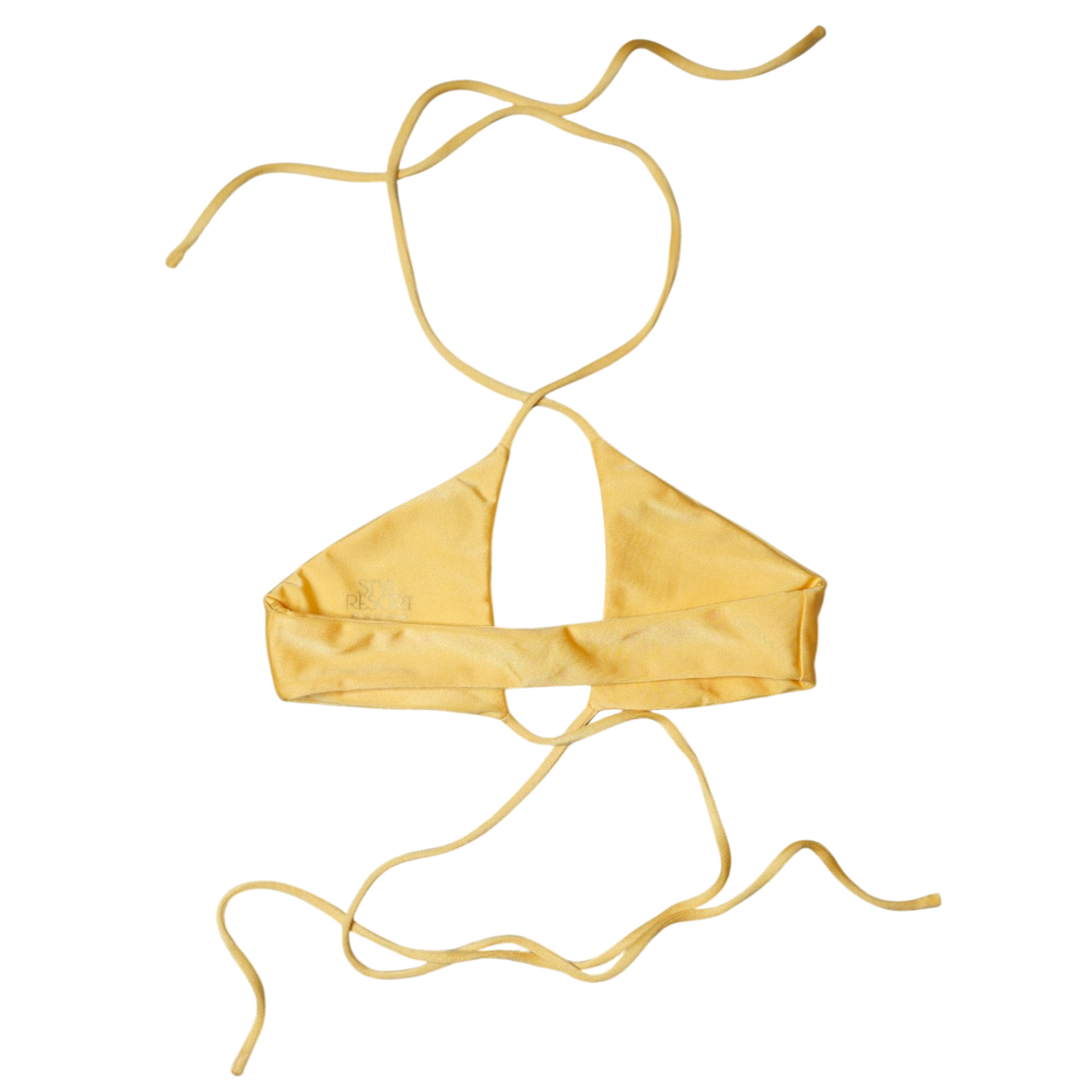Yellow Citrine Palmera halter wrap bikini top, back flat-lay, with wide back band and long wrap ties