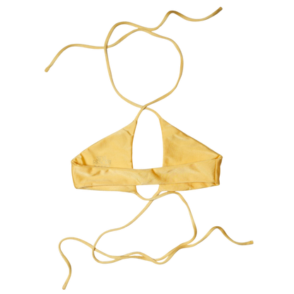 Yellow Citrine Palmera halter wrap bikini top, back flat-lay, with wide back band and long wrap ties