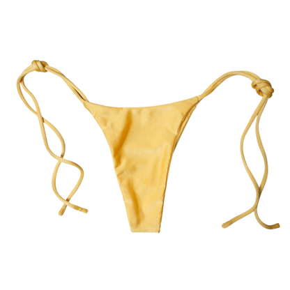 Yellow Citrine Palmera tie-side bikini bottom, back flat-lay, with adjustable side ties and narrow rear panel