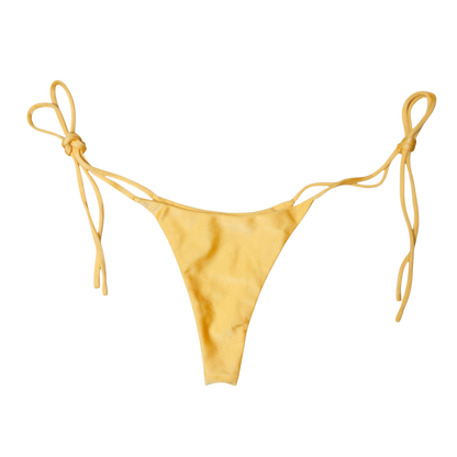 Yellow Citrine Sirena tie-side thong bikini bottom, front flat-lay, with knotted side ties