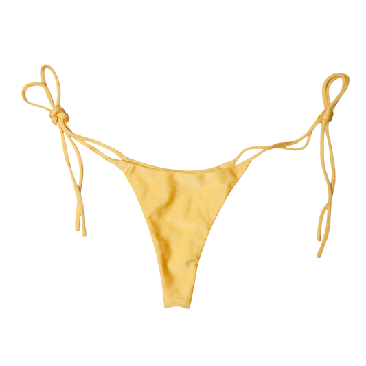Yellow Citrine Sirena tie-side thong bikini bottom, front flat-lay, with knotted side ties