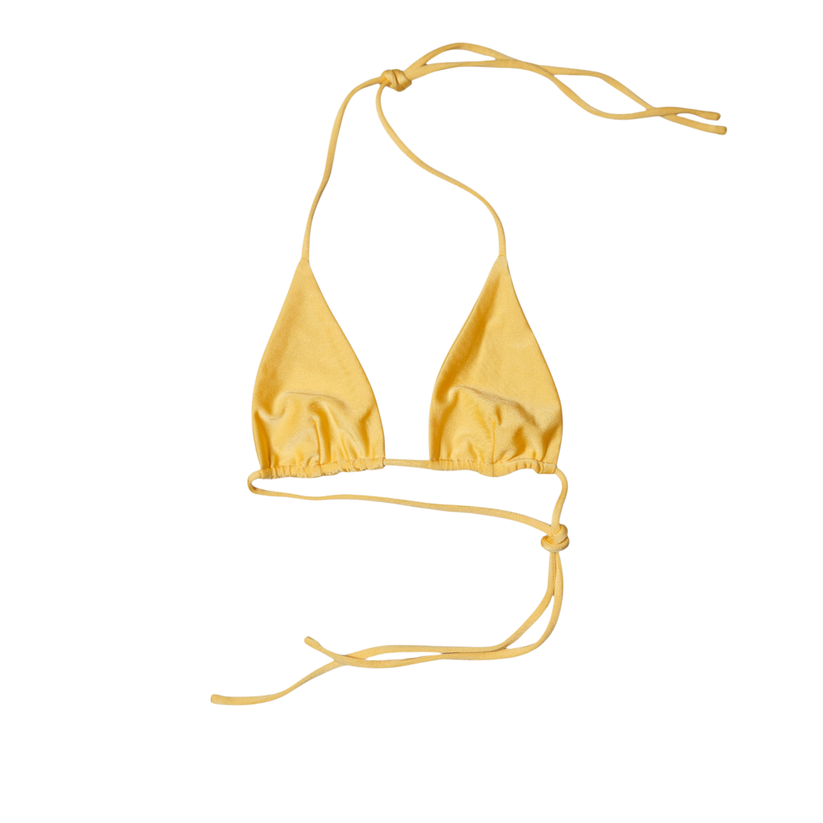 Yellow Citrine Sirena triangle bikini top, front flat-lay, with long halter ties