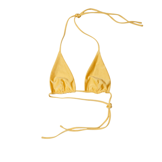 Yellow Citrine Sirena triangle bikini top, front flat-lay, with long halter ties